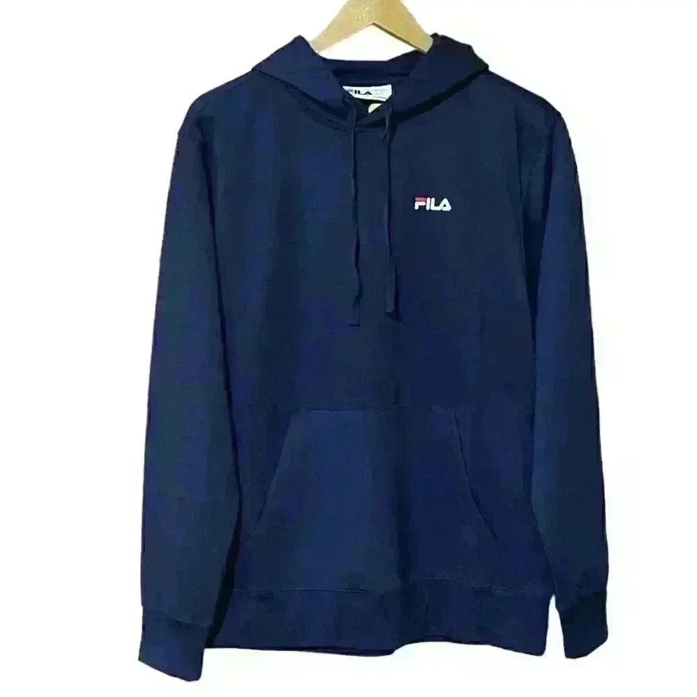 FILA Performance Stretch Knit Pullover Hoodie Mens S Navy Kangaroo Pocket NWT